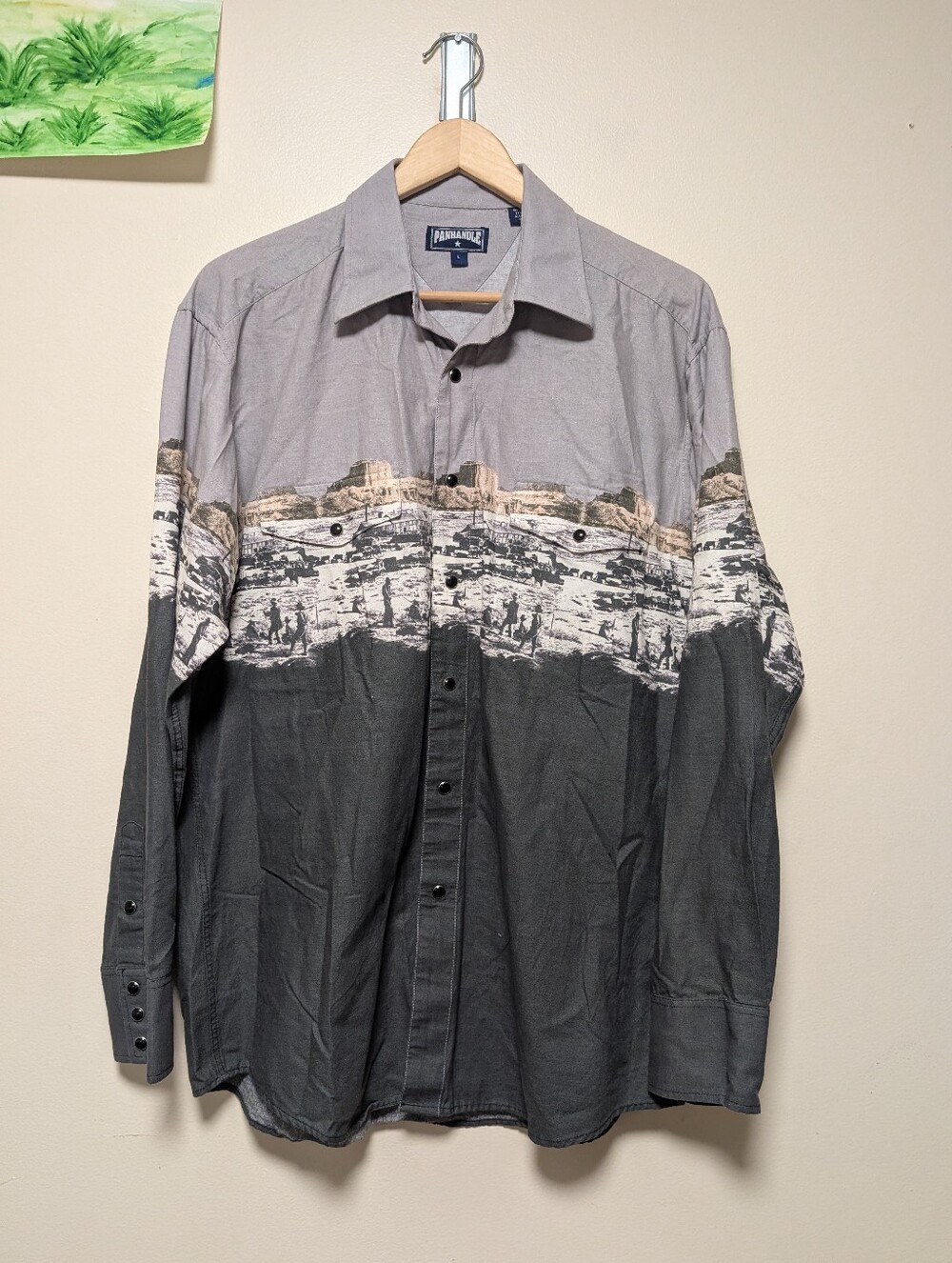Panhandle Size L Western Scenic Print Pearl Snap 100% Cotton Shirt Gray